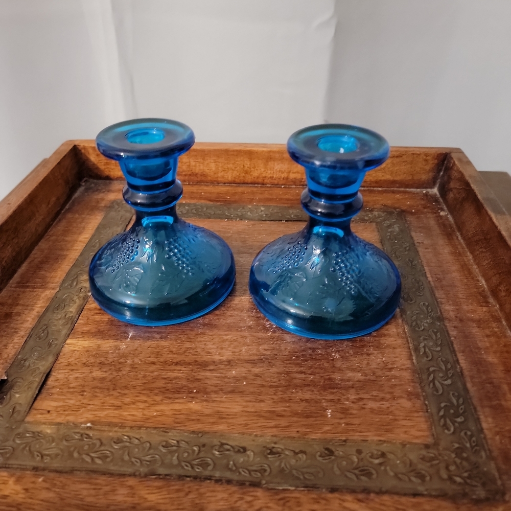 Vintage Pair Sea Blue Thick Glass Candle Holders